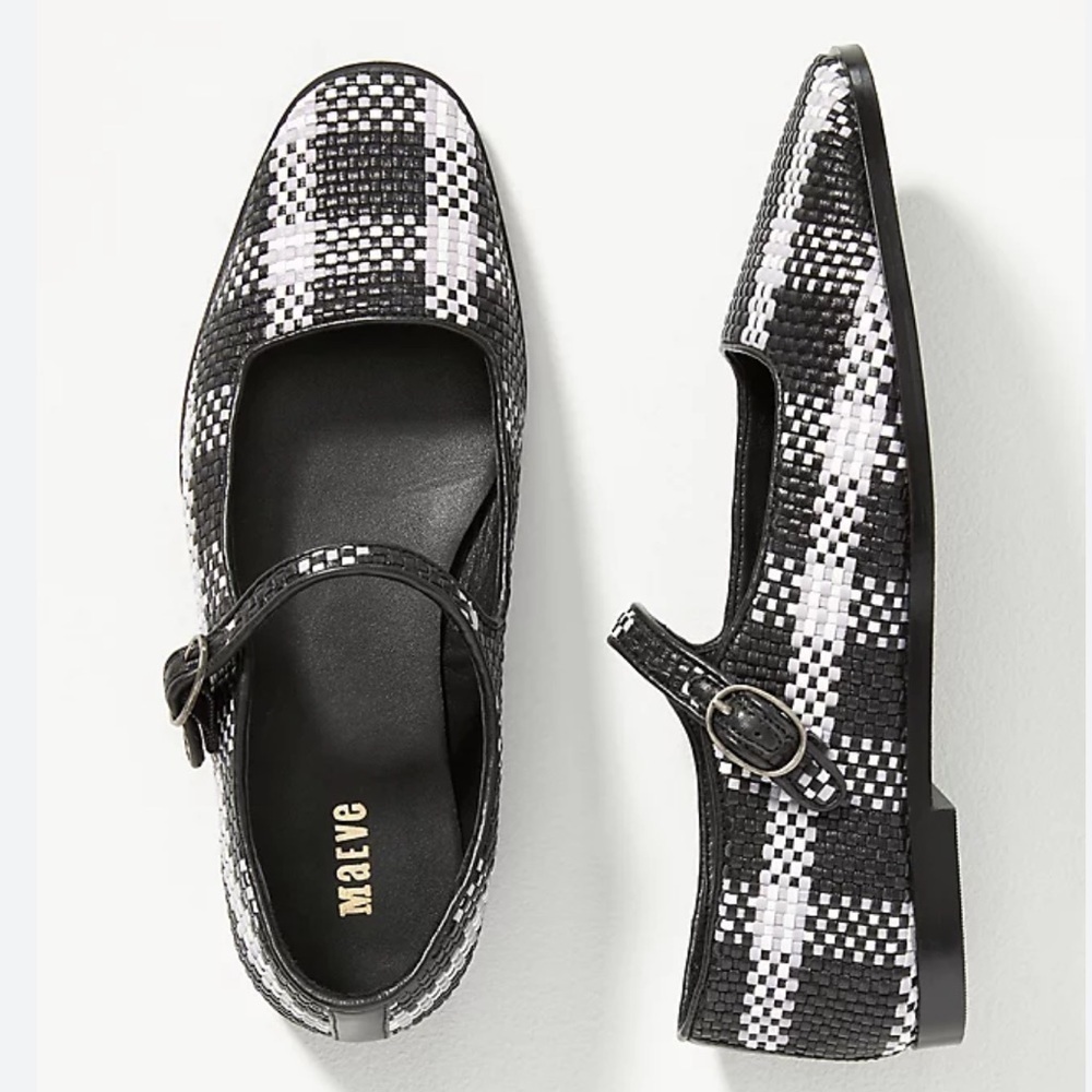 NEW Anthropologie Maeve Black/White Leather Square Toe Woven Mary Jane Flats